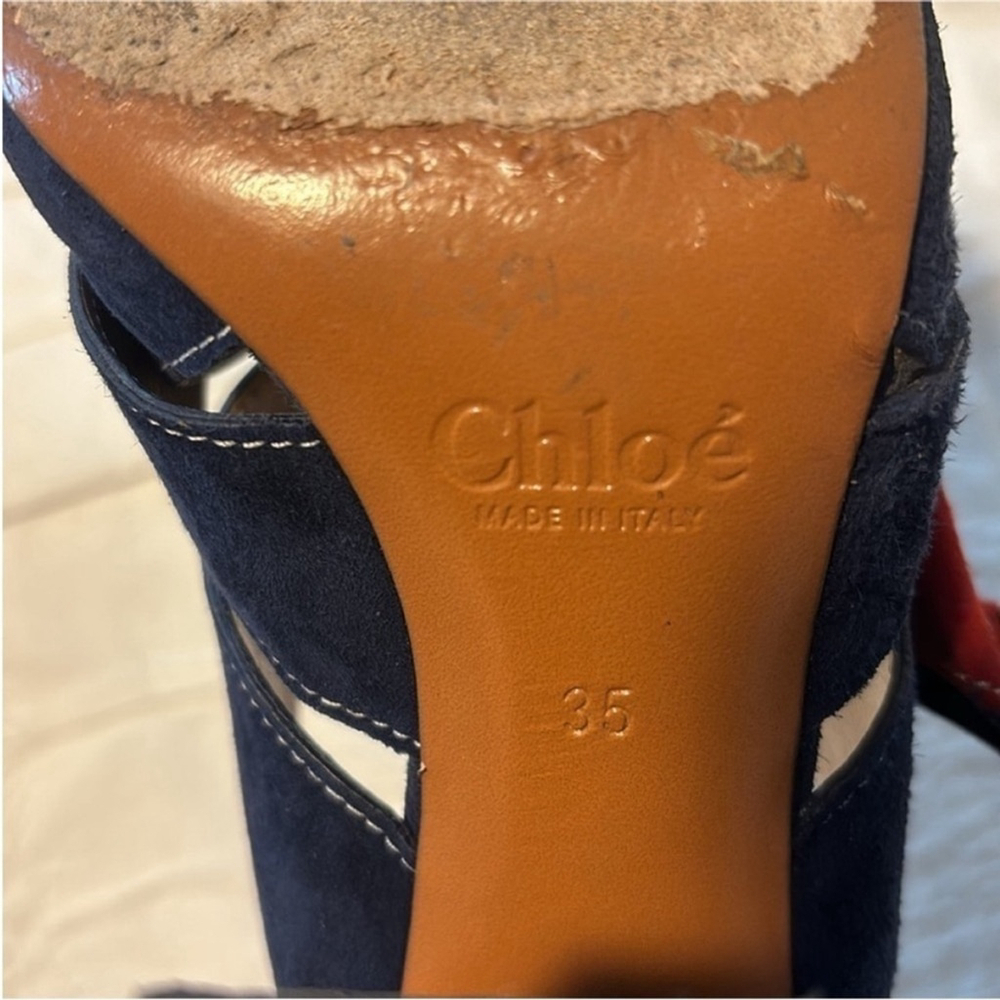 Chloé Nellie Suede Sandals Slip On Block Heel Knot Detail Navy Blue Women's US 5 - Picture 12 of 13